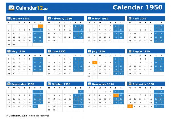 Calendar 1950
