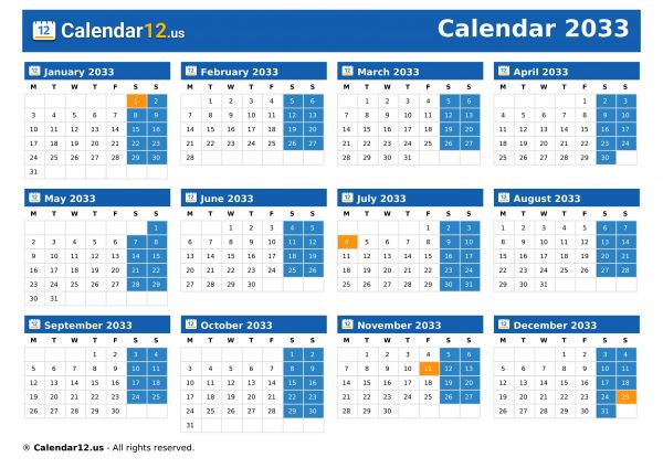 Calendar 2033