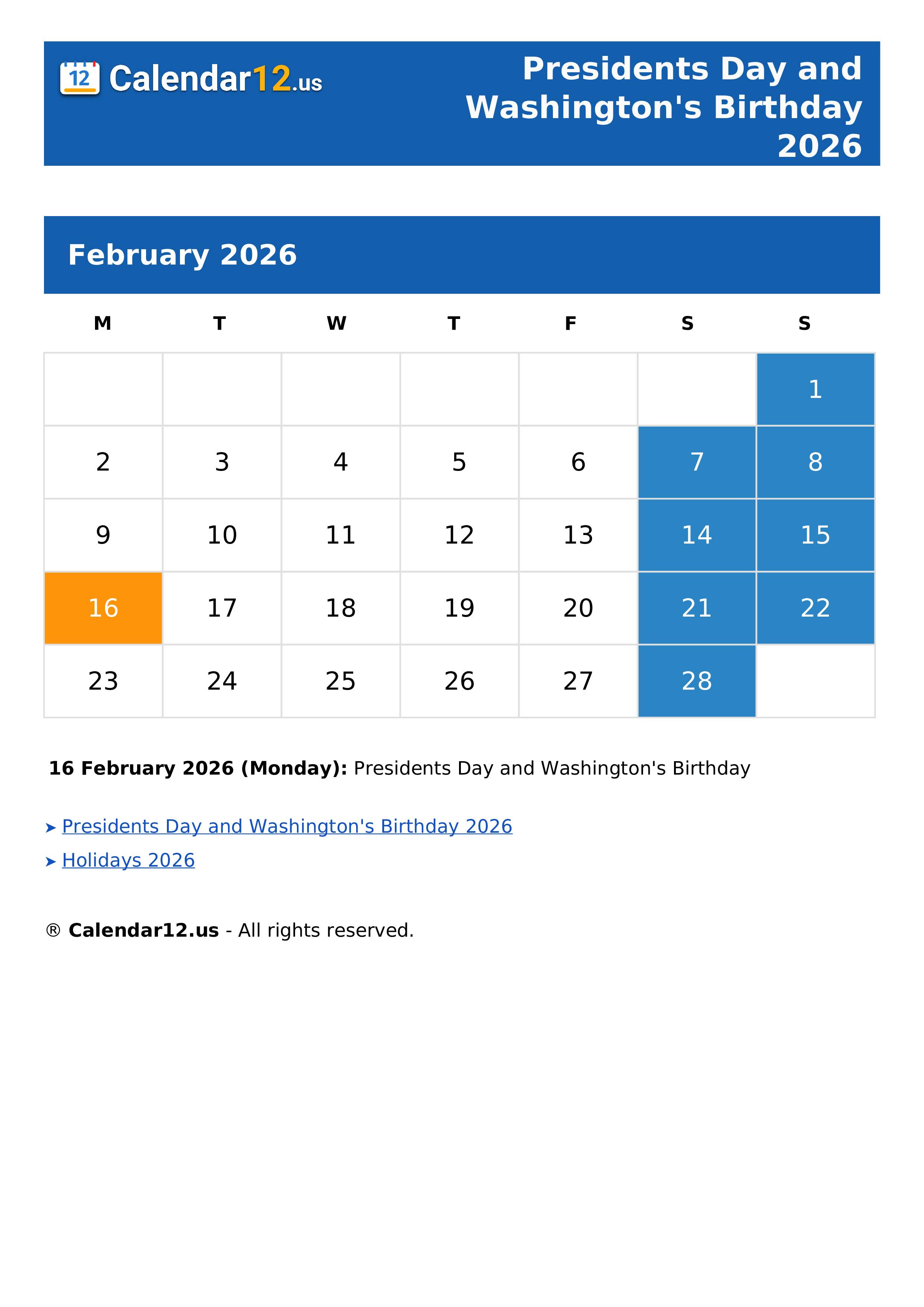 Presidents Day and Washington's Birthday 2026